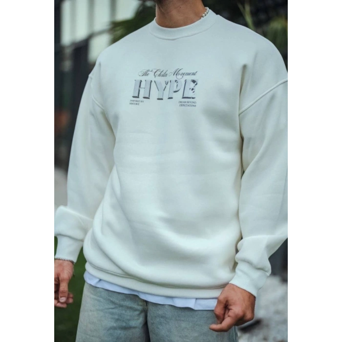 Üç İplik Bisiklet Yaka Baskılı SweatShirt - Beyaz