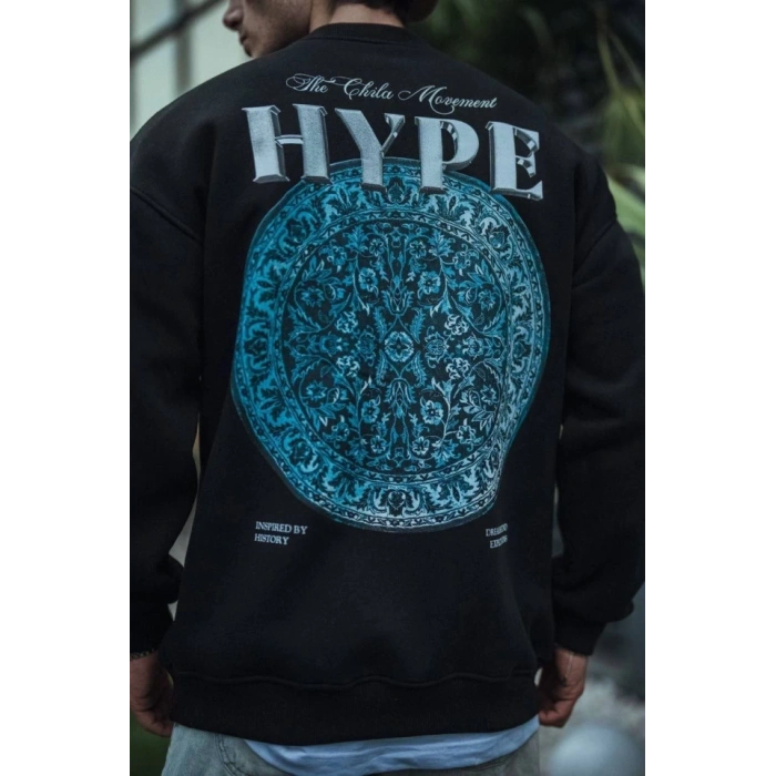 Üç İplik Bisiklet Yaka Baskılı SweatShirt - Siyah