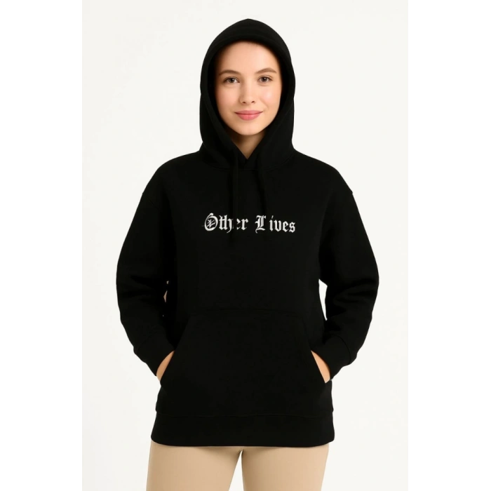 Üç İplik Kapşonlu ön Ve Arka Baskılı SweatShirt Hoodie- Siyah