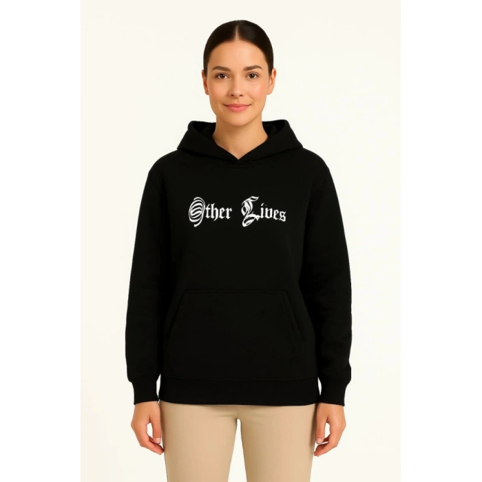 Üç İplik Kapşonlu ön Ve Arka Baskılı SweatShirt Hoodie- Siyah