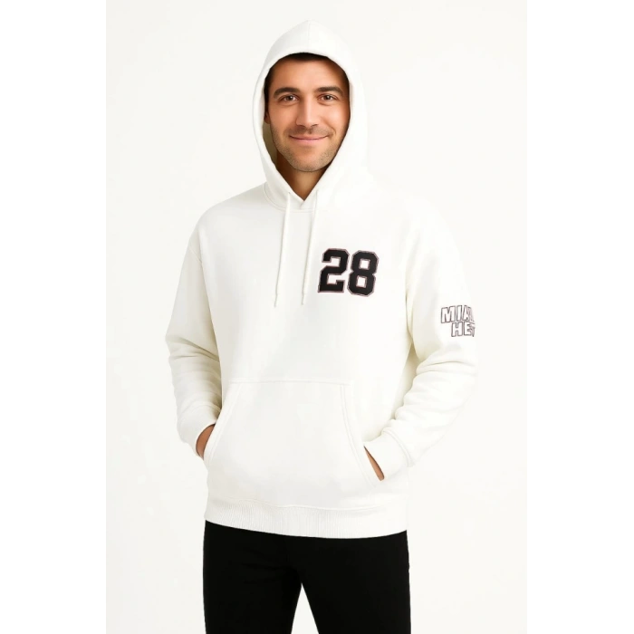 Üç İplik Kapüşonlu Ön Ve Arka Baskılı SweatShirt Hoodie - Beyaz