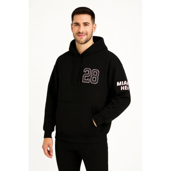Üç İplik Kapüşonlu Ön Ve Arka Baskılı SweatShirt Hoodie - Siyah