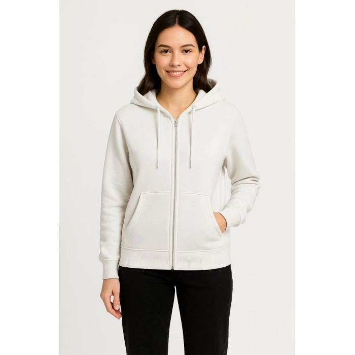 Üç İplik Kapüşonlu Tam Fermuarlı Kanguru Çepli SweatShirt Hoodie - Beyaz