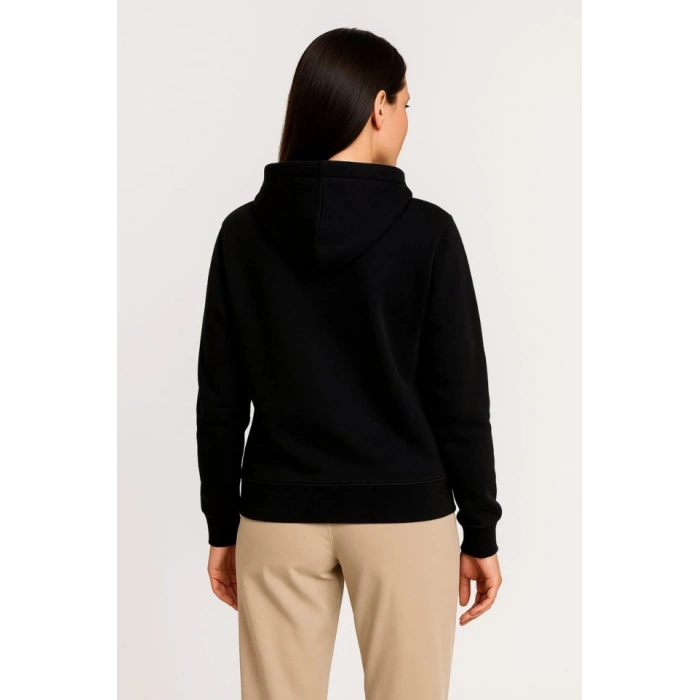 Üç İplik Kapüşonlu Tam Fermuarlı Kanguru Çepli SweatShirt Hoodie - Siyah