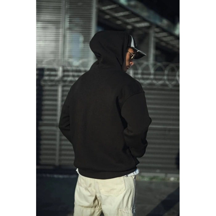 Üç İplik Penye Kapşonlu Basic SweatShirt - Siyah