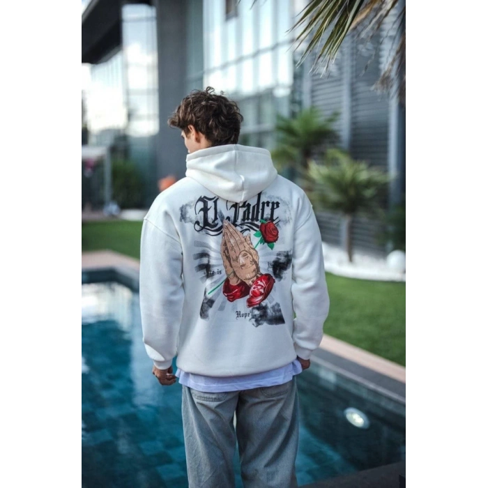 Üç İplik Penye Kapşonlu Baskılı SweatShirt - Beyaz