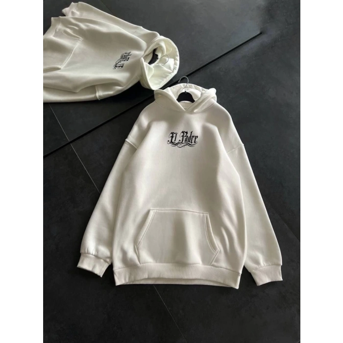 Üç İplik Penye Uzun Kol Kapşonlu Baskılı SweatShirt - Beyaz