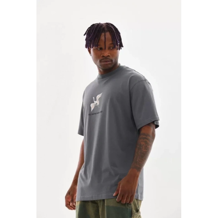 Unisex Baskılı Oversize T-Shirt - Füme