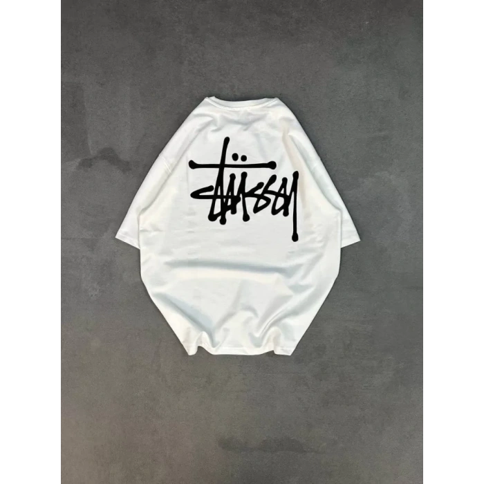 Unisex Bisiklet Yaka Baskılı Oversize T-Shirt - Beyaz