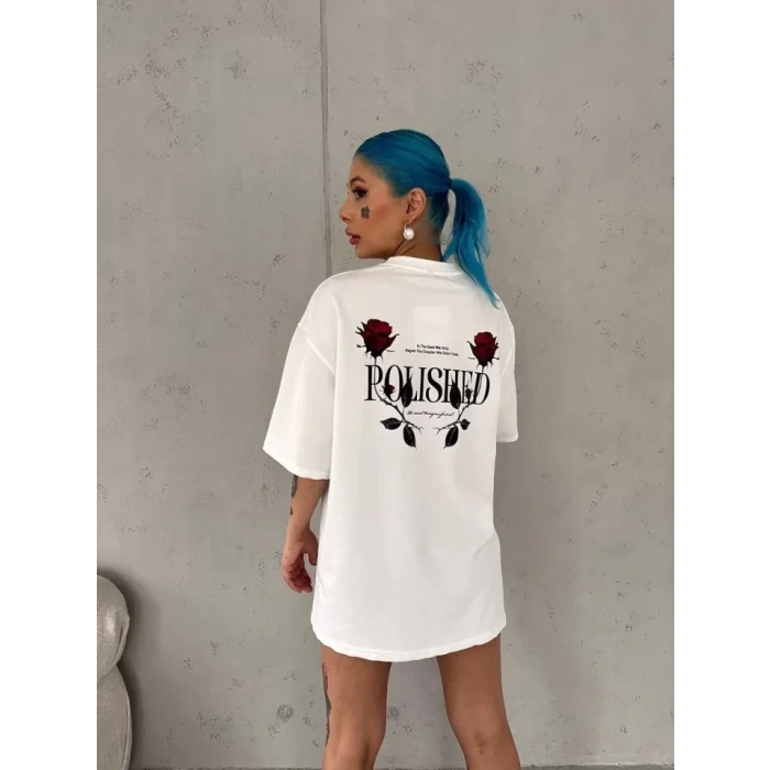 Unisex Bisiklet Yaka Baskılı Oversize T-Shirt - Beyaz