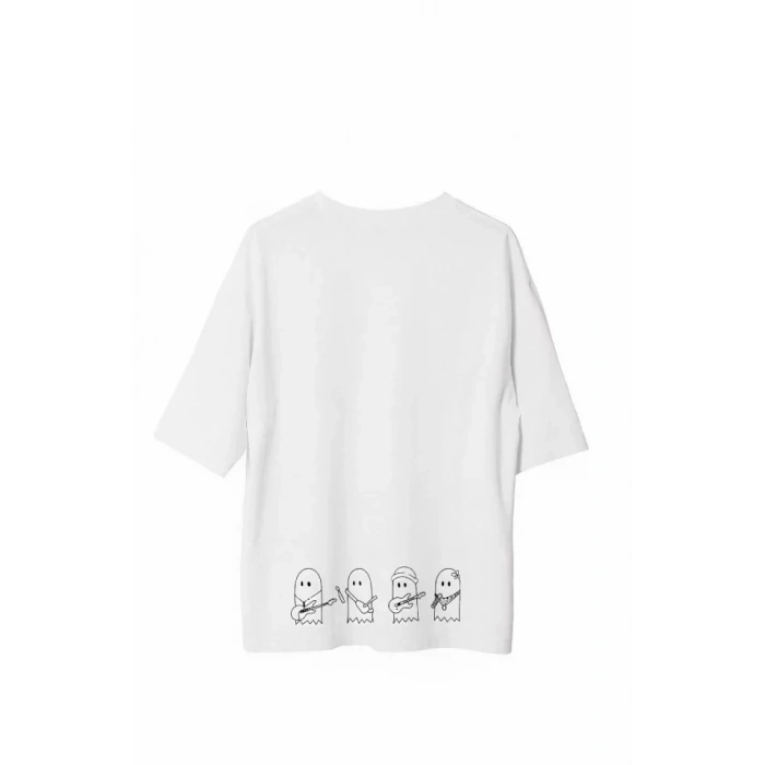 Unisex Bisiklet Yaka Baskılı Oversize T-Shirt - Beyaz