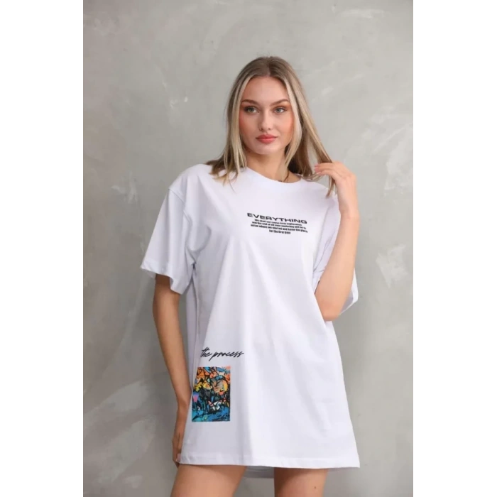 Unisex Bisiklet Yaka Baskılı Oversize T-Shirt - Beyaz