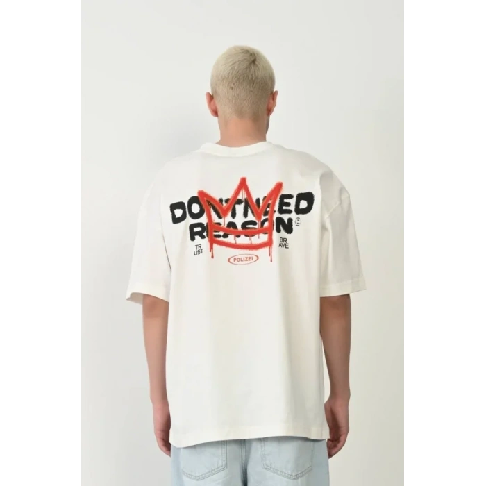 Unisex Bisiklet Yaka Baskılı Oversize T-Shirt - Beyaz