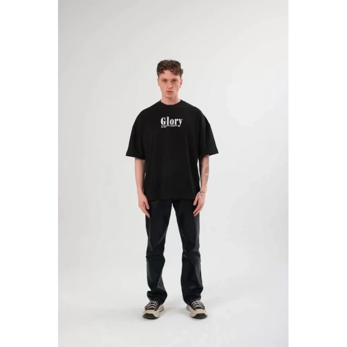 Unisex Bisiklet Yaka Baskılı Oversize T-Shirt - Siyah