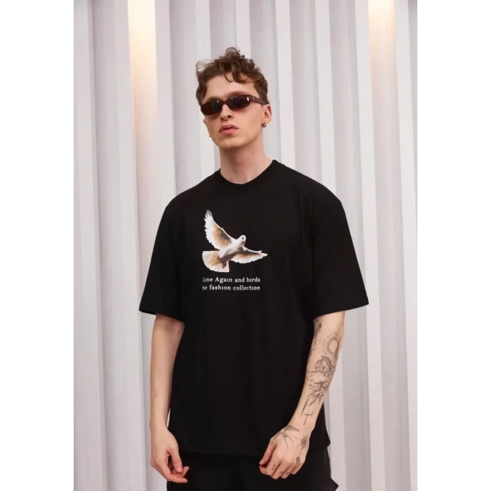 Unisex Bisiklet Yaka Baskılı Oversize T-Shirt - Siyah