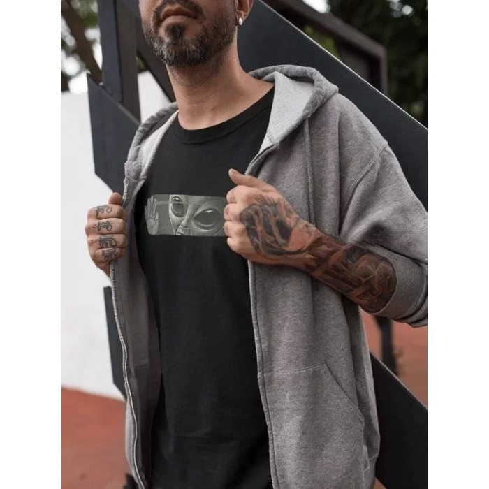 Unisex Bisiklet Yaka Baskılı Oversize T-Shirt - Siyah