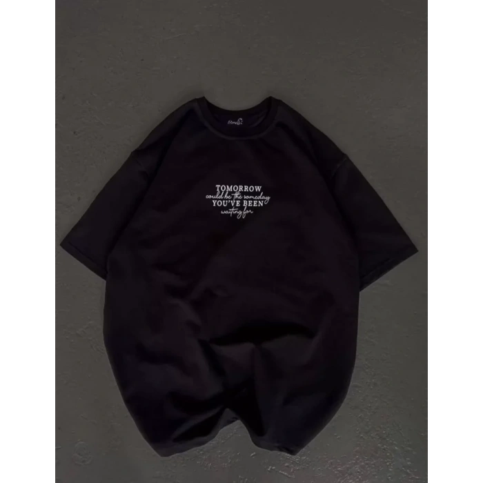 Unisex Bisiklet Yaka Baskılı Oversize T-Shirt - Siyah