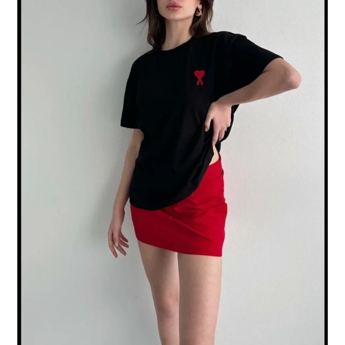 Unisex Bisiklet Yaka Baskılı Oversize T-Shirt - Siyah