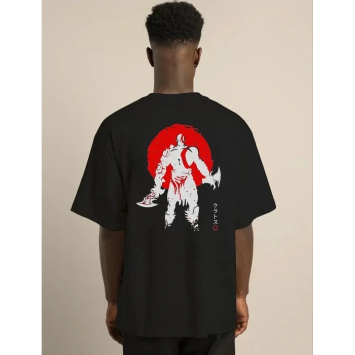 Unisex Bisiklet Yaka Baskılı Oversize T-Shirt - Siyah