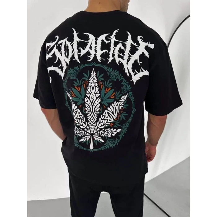 Unisex Bisiklet Yaka Baskılı Oversize T-Shirt - Siyah