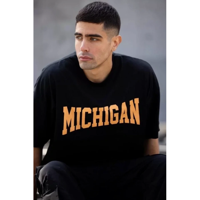 Unisex Bisiklet Yaka Baskılı Oversize T-Shirt - Siyah