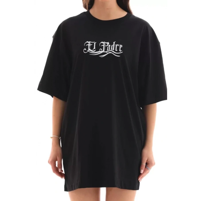 Unisex Bisiklet Yaka Baskılı Oversize T-Shirt - Siyah