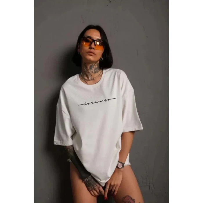 Unisex Bisiklet Yaka Baskılı T-Shirt - Beyaz