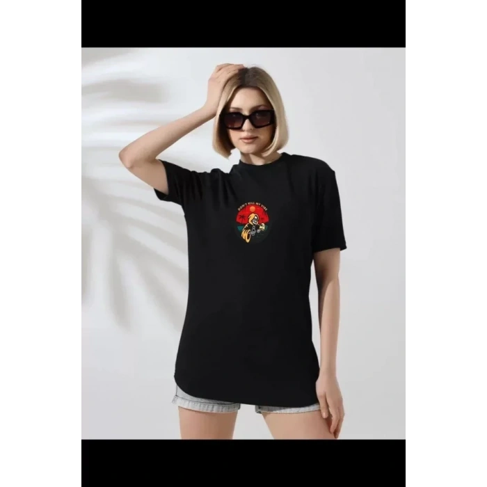 Unisex Bisiklet Yaka Baskılı T-Shirt - Siyah