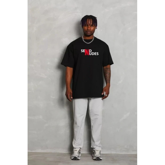 Unisex Bisiklet Yaka Double Oversize Baskılı T-Shirt - Siyah