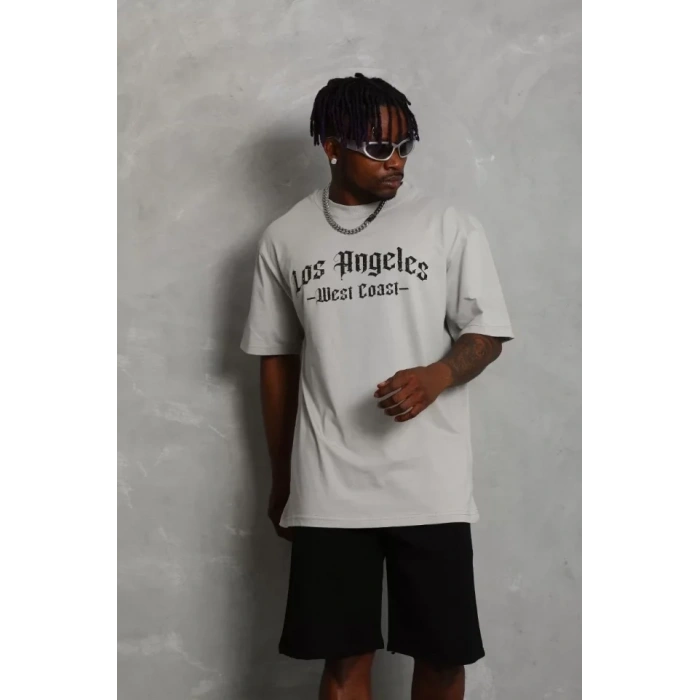 Unisex Oversize Baskılı Bisiklet Yaka T-Shirt - Gri