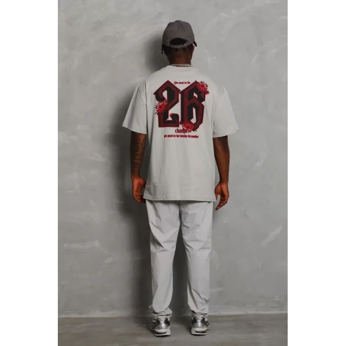ERKEK Oversize Baskılı Bisiklet Yaka T-Shirt - Gri
