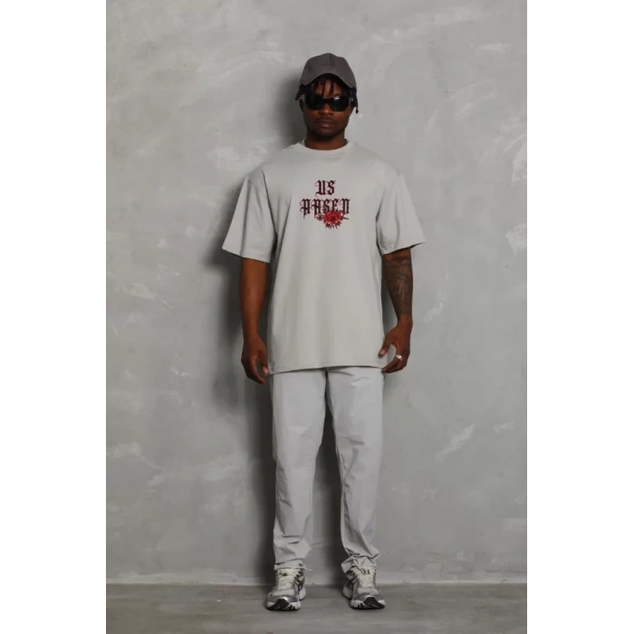 ERKEK Oversize Baskılı Bisiklet Yaka T-Shirt - Gri