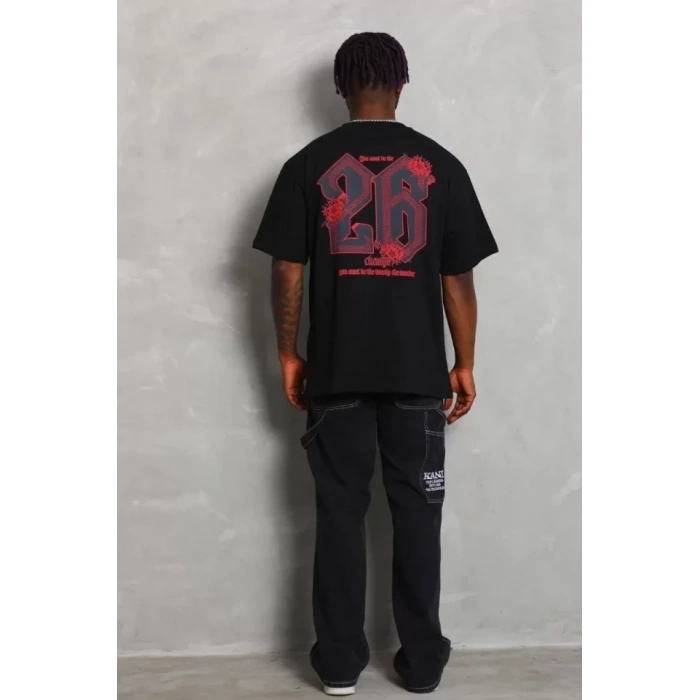 Erkek Baskılı Tişort Kısa Kol Bisiklet Yaka Ovarsize T-Shirt - Siyah