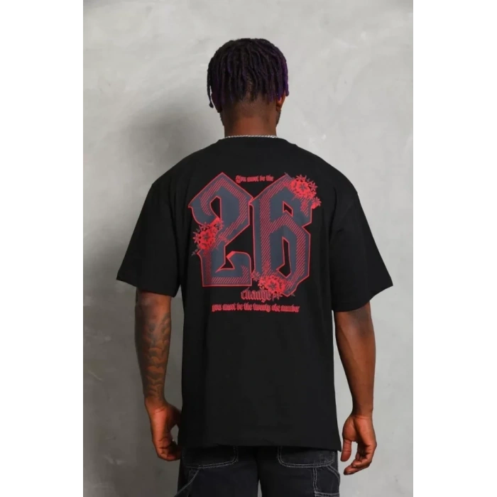 Erkek Baskılı Tişort Kısa Kol Bisiklet Yaka Ovarsize T-Shirt - Siyah
