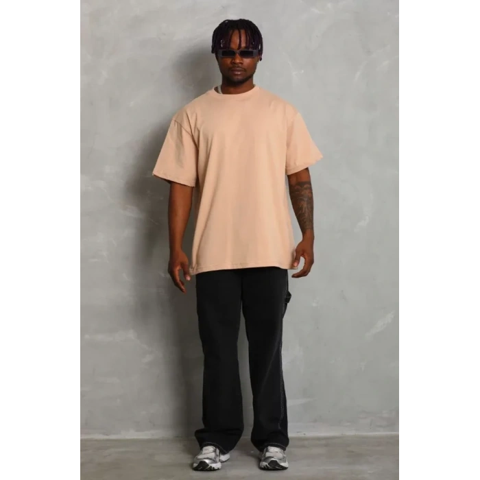 Unisex Oversize Düz Bisiklet Yaka T-Shirt - Bej