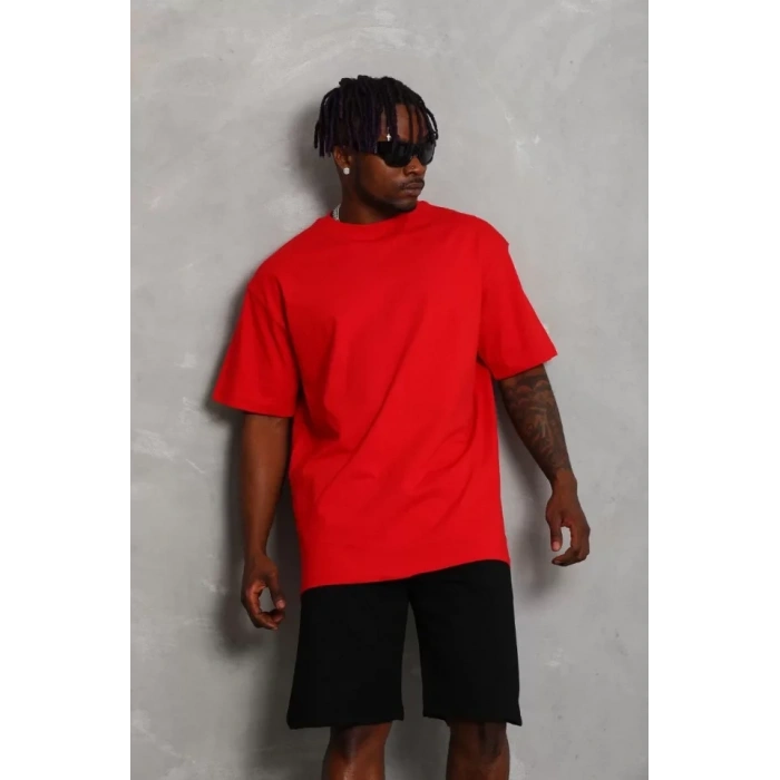 Unisex Oversize Düz Bisiklet Yaka T-Shirt - Kırmızı
