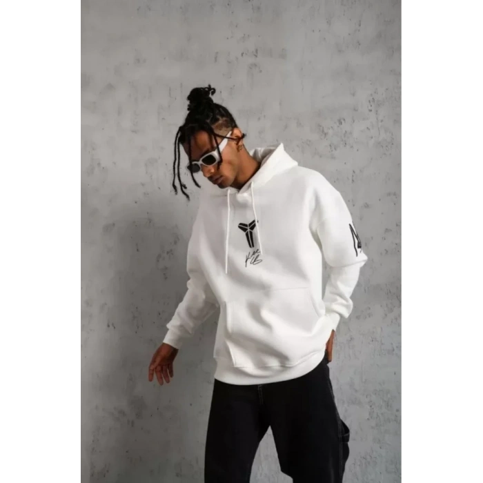 Unisex Sırt Baskılı Kapüşonlu Üç İplik Oversize Sweatshirt - Beyaz