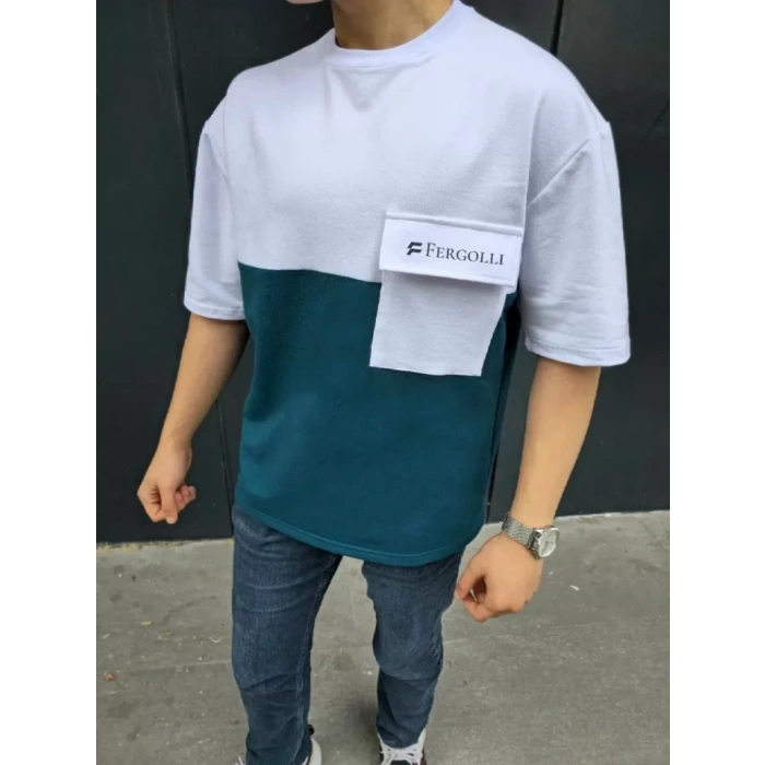 Unisex Torba Cep Detaylı  Parçalı T-Shirt - Lacivert