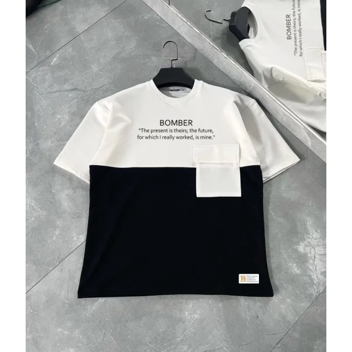 Unisex Torba Cep Detaylı  Parçalı T-Shirt - Siyah