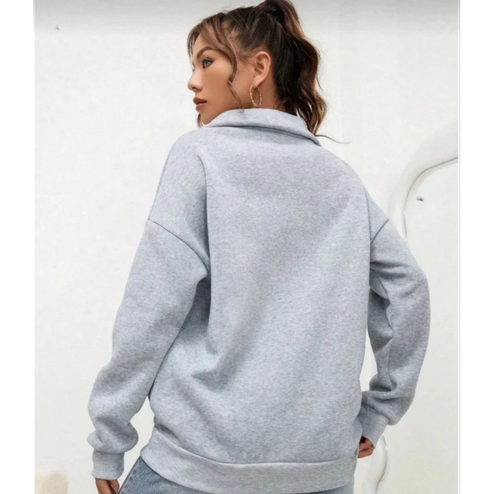 Unisex Uzun Kol Yarım Farmuarlı Yakalı Basic SweatShirt - Gri
