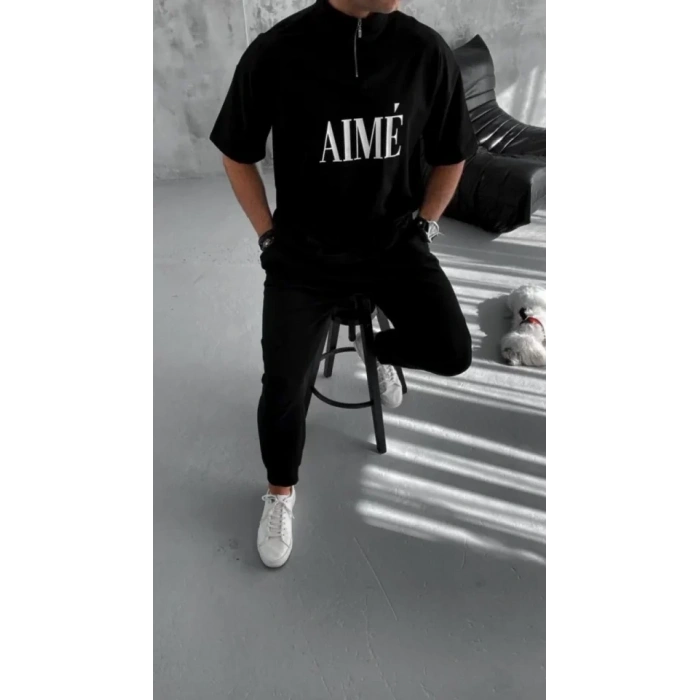 Unisex Yarım Fermuarlı Baskılı T-Shirt - Siyah