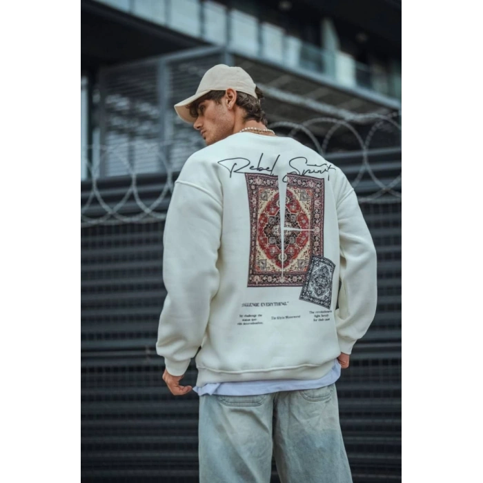 Uzun Kol Bisiklet Yaka Baskılı SweatShirt - Beyaz