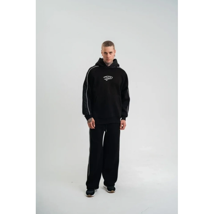 Uzun Kol Kapşonlu Ara Biyeli Baggy Eşofman Takım - Siyah