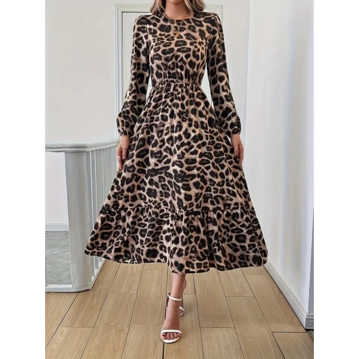 Uzun Kollu Bisiklet Yaka Leopar Desenli Midi Süprem Elbise