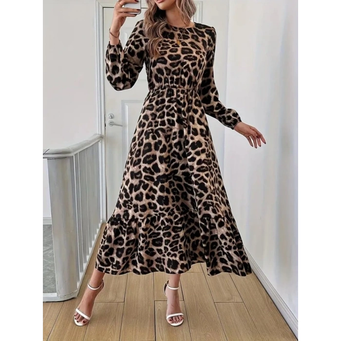 Uzun Kollu Bisiklet Yaka Leopar Desenli Midi Süprem Elbise