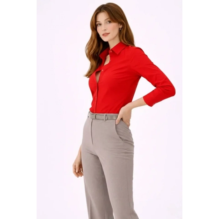 Uzun Kollu Gömlek Düğmeli Klasik Yaka Günlük Ve Ofis Şıklığına Uygun - Kırmızı