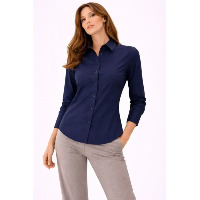 Uzun Kollu Gömlek Düğmeli Klasik Yaka Günlük Ve Ofis Şıklığına Uygun - Lacivert