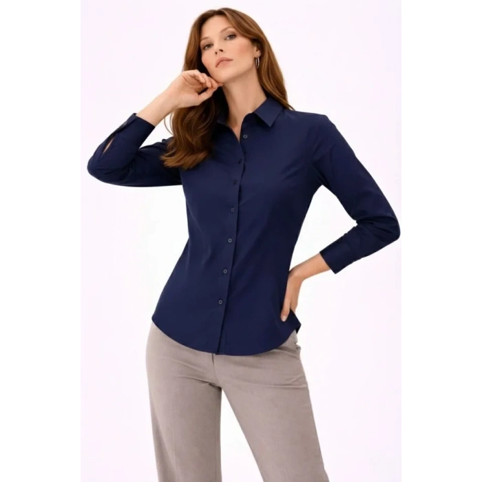Uzun Kollu Gömlek Düğmeli Klasik Yaka Günlük Ve Ofis Şıklığına Uygun - Lacivert