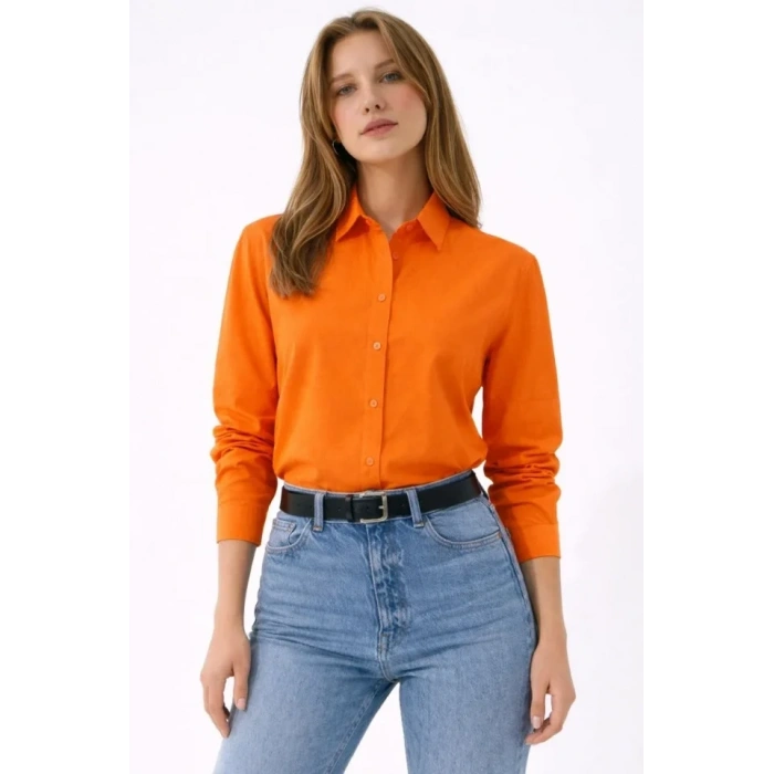 Uzun Kollu Gömlek Düğmeli Klasik Yaka Günlük Ve Ofis Şıklığına Uygun - Turuncu