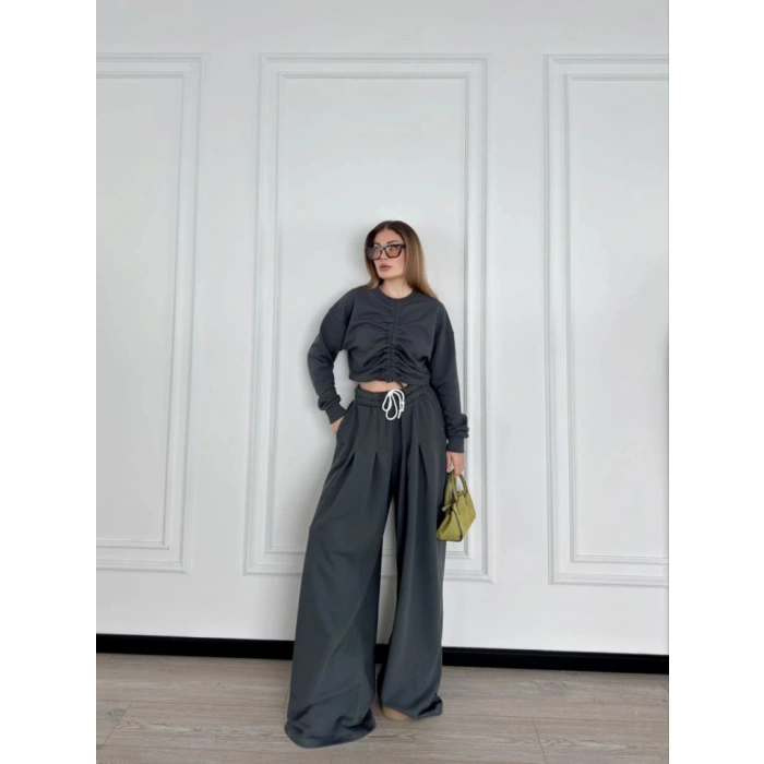 Uzun Kollu Önü İp Büzgülü Crop Ve Pantolon İkili Takım - Antrasit
